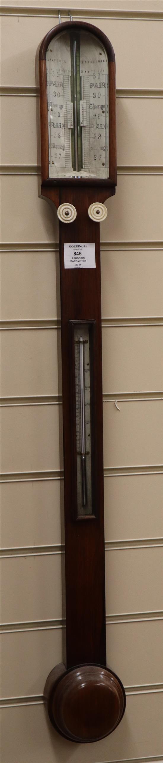 A Victorian stick barometer by Ashdown, Tonbridge, in arched rosewood case with ivory scales H.92cm